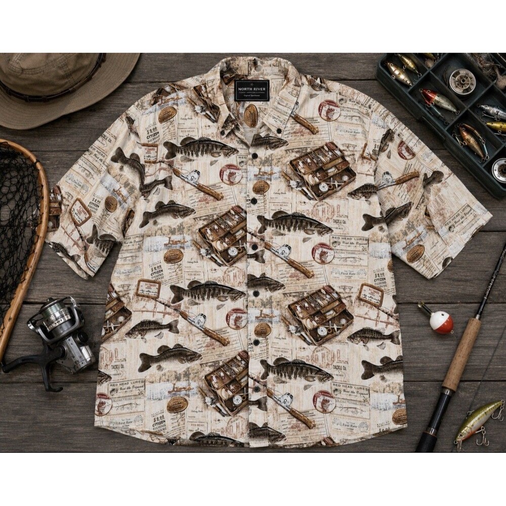 North River 2XL Fishing Shirt Bass Tackle Box Rod Reel Print Button Front Pocket